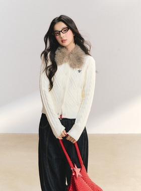 ANDN【绒吟雪韵】可拆卸毛领修身复古绞花针织开衫冬女毛衣外套厚