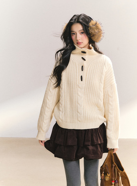 ANDN【麦穗黄昏】牛角扣粗针复古绞花翻领毛衣冬女加厚针织衫宽松