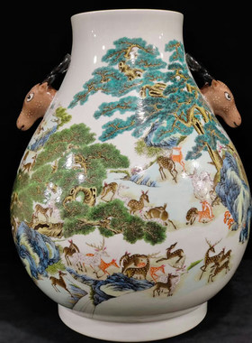大清乾隆 粉彩百鹿尊 松鹿纹鹿头尊 福桶尊 花瓶