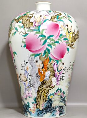手绘粉彩九桃九童子梅瓶 福寿童子寿桃纹中式客厅收藏陈设瓷瓶