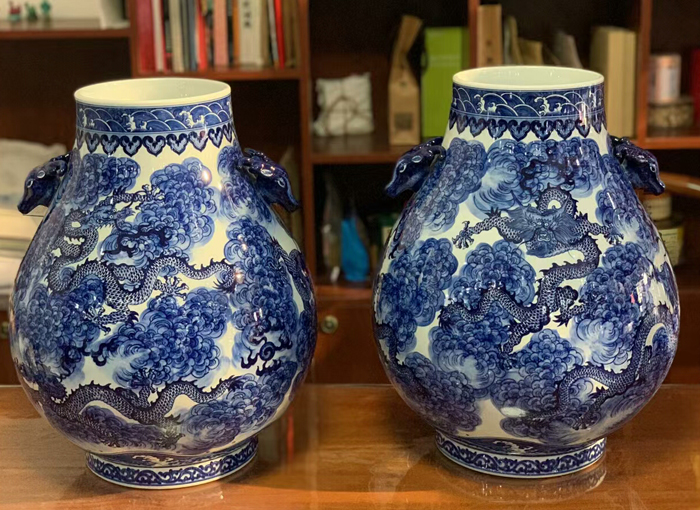 工艺品 宫艺柴窑 青花龙纹祥云 鹿头尊 福筒瓶