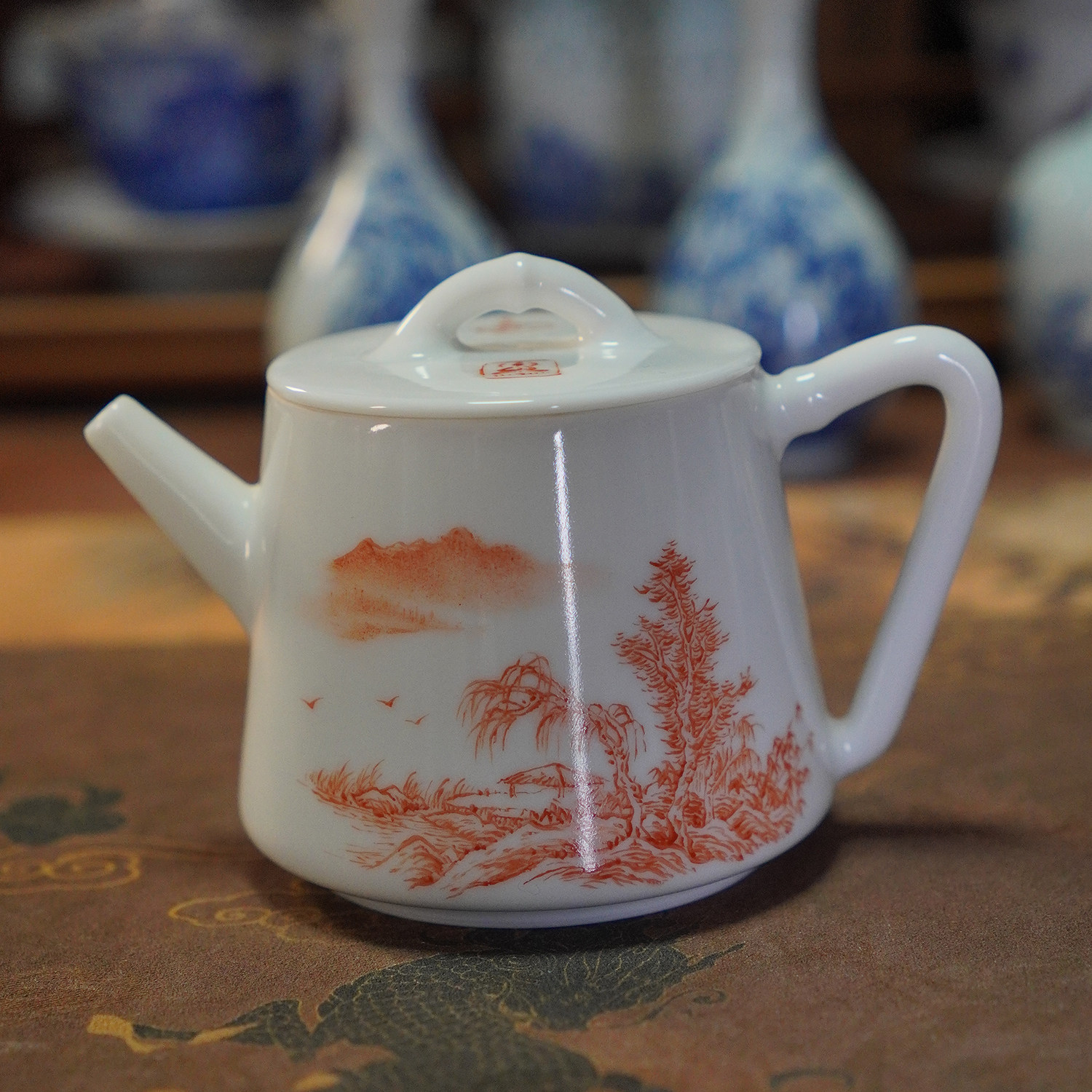 景德镇手工手绘矾红茶具山水高温瓷茶壶