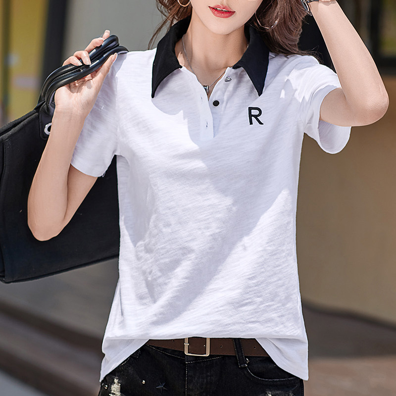专柜撤回清仓捡漏夏季大码胖mm短袖t恤女宽松带领刺绣polo领上衣
