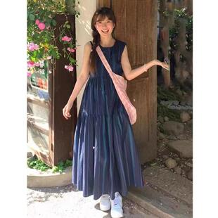 复古蓝条纹无袖背心连衣裙女夏季大码胖mm宽松显瘦休闲日系长裙子