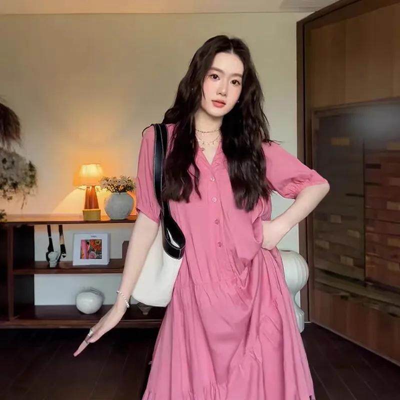 法式温柔风短袖连衣裙女夏季大码胖mm宽松显瘦遮肉气质大摆长裙子