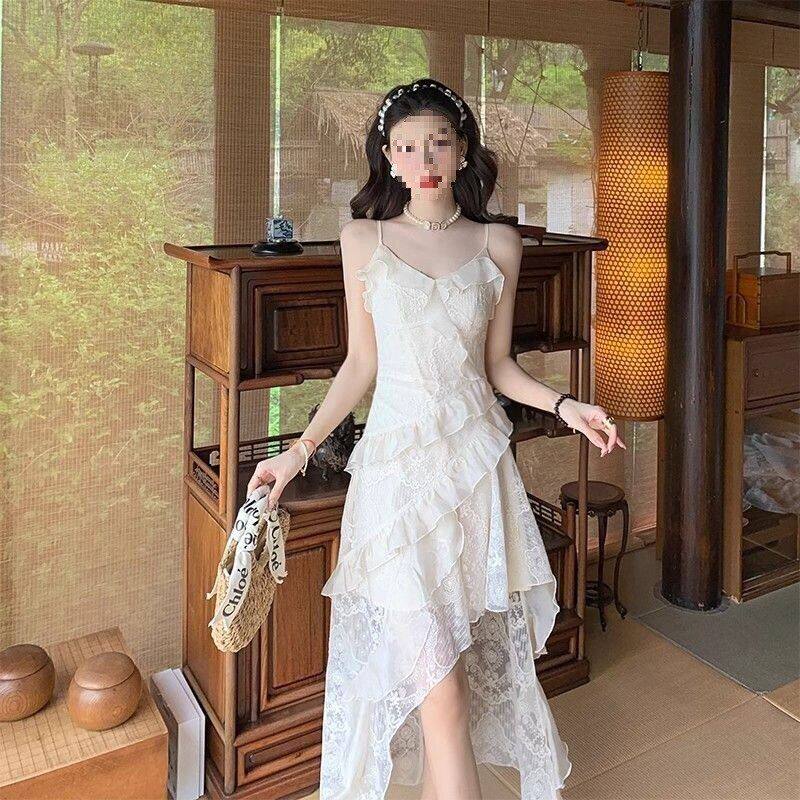 法式蕾丝v领吊带连衣裙女夏季旅游度假不规则裙子绝美收腰中长裙