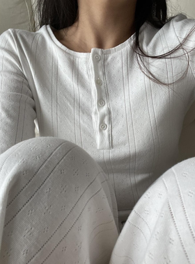 Jimjam Pajamas 有机棉法式针织提花螺纹长裤套装亨利领长袖