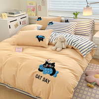 奶油风卧室纯棉四件套全棉卡通风格被套床单单人床三件套1.2m床品