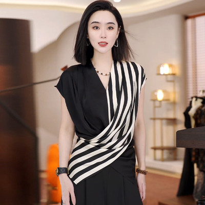 胖mm轻熟风撞色条纹衬衫女春夏季交叉收腰设计感衬衣洋气减龄上衣