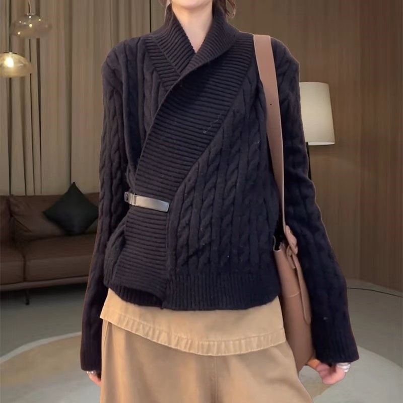 韩系休闲慵懒风宽松显瘦不规则上衣女款大码复古肌理感麻花针织衫