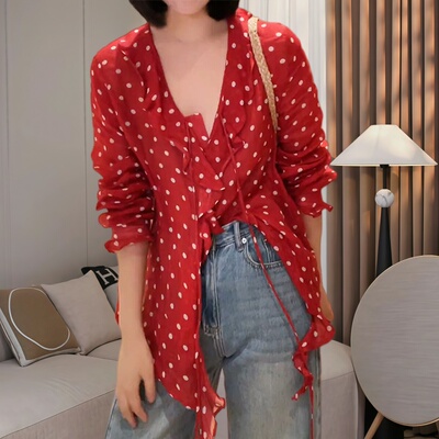 法式显瘦V领系带波点大码衬衫