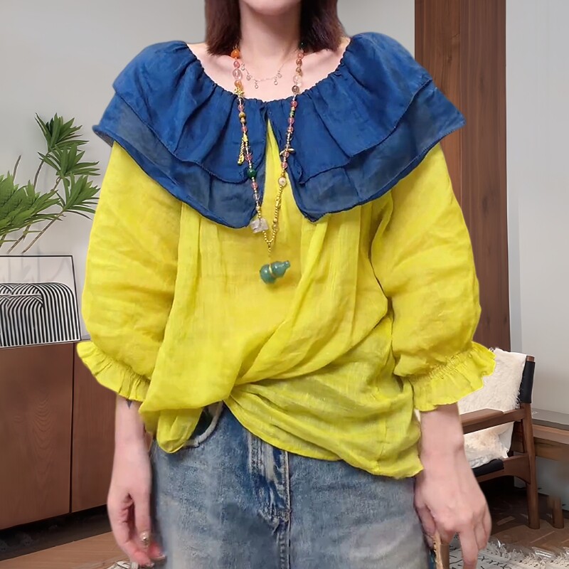 设计感时尚撞色双层荷叶边衬衫女装胖MM宽松藏肉显瘦七分袖上衣潮