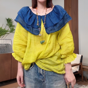 设计感时尚撞色双层荷叶边衬衫女装胖MM宽松藏肉显瘦七分袖上衣潮