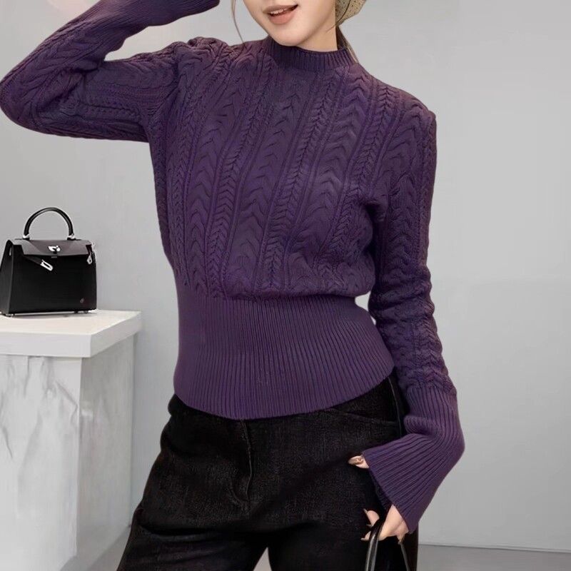 大码简约时髦气质麻花纹针织衫女士秋冬保暖洋气减龄显瘦百搭上衣