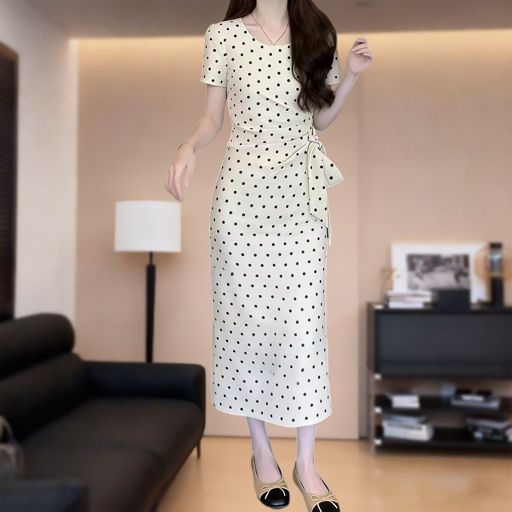 时尚潮流收腰系带气质连衣裙女士夏季爆款高腰显瘦大码波点茶歇裙