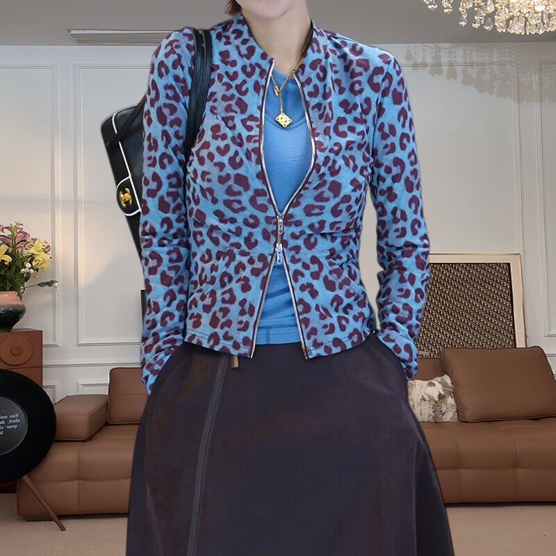 大码女装通勤时尚豹纹立领外套春秋季复古休闲长袖双拉链开衫上衣