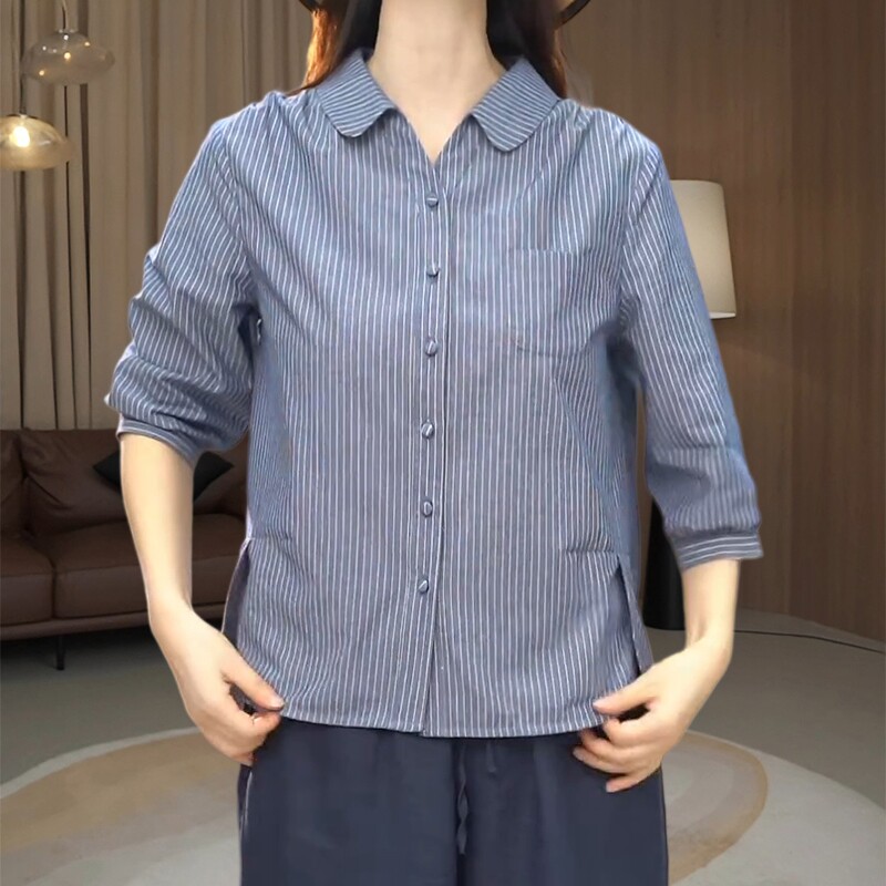胖mm休闲简约风翻领条纹衬衫女装韩版宽松显瘦单排扣开衫时尚上衣