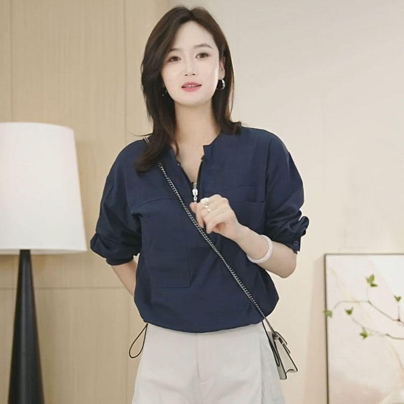 大码纯色百搭休闲风长袖衬衫女春季宽松显瘦衬衣韩版简约套头上衣