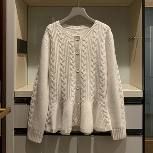 高知捧在心尖的~圆领羊绒开衫女加厚纯山羊绒毛衣针织外套荷叶摆