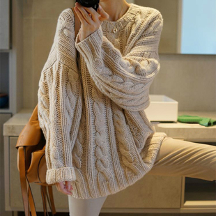 不被潮流左右的 重磅加厚！中长款羊绒衫女圆领粗棒针纯羊绒毛衣