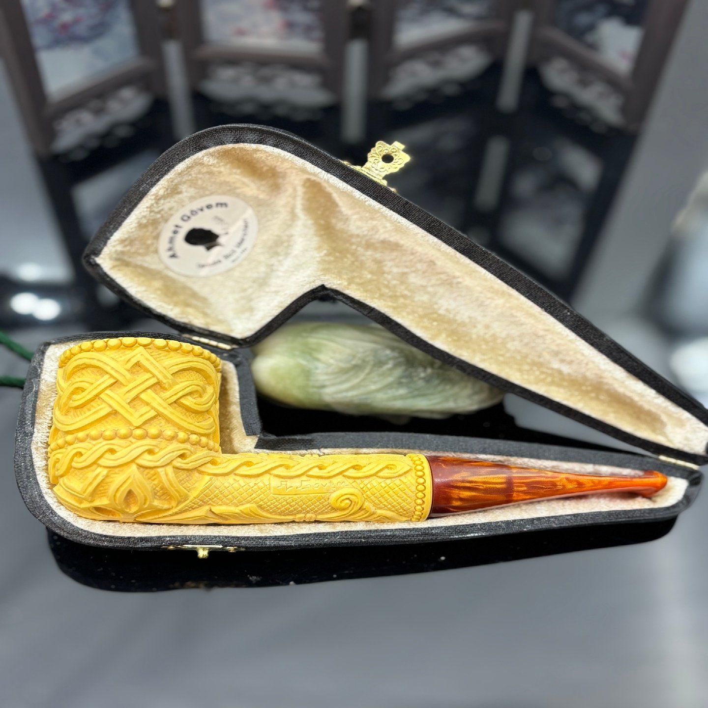 土耳其AG师傅深层天然海泡石原石手工雕刻精美花篮大号烟斗烟具