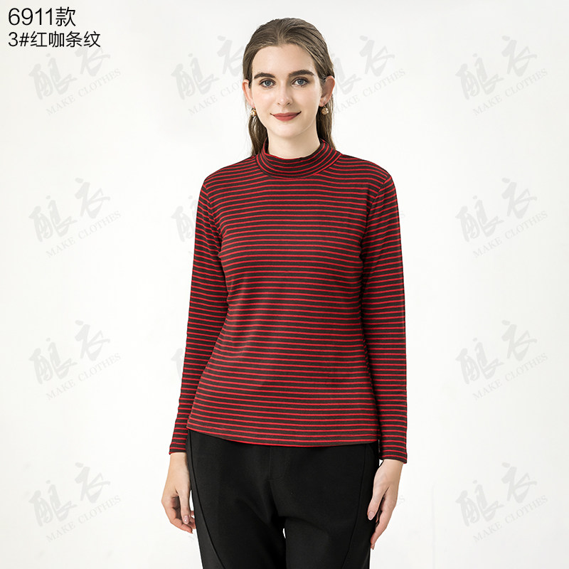 2024春季新款中老年女士打底衫t恤上衣寸领修身长袖条纹内搭显瘦