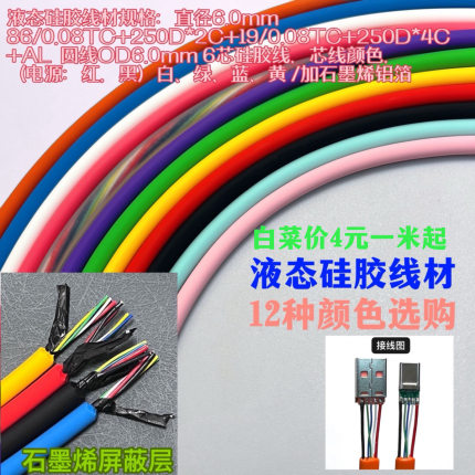 TYPEC数据线DIY柔软硅胶6芯USB手机PD快充线材6A插头手工材料配件