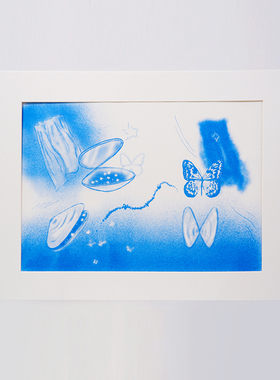 Mohodo蓝色系列蝴蝶贝壳riso植物原创插画艺术装饰画挂画