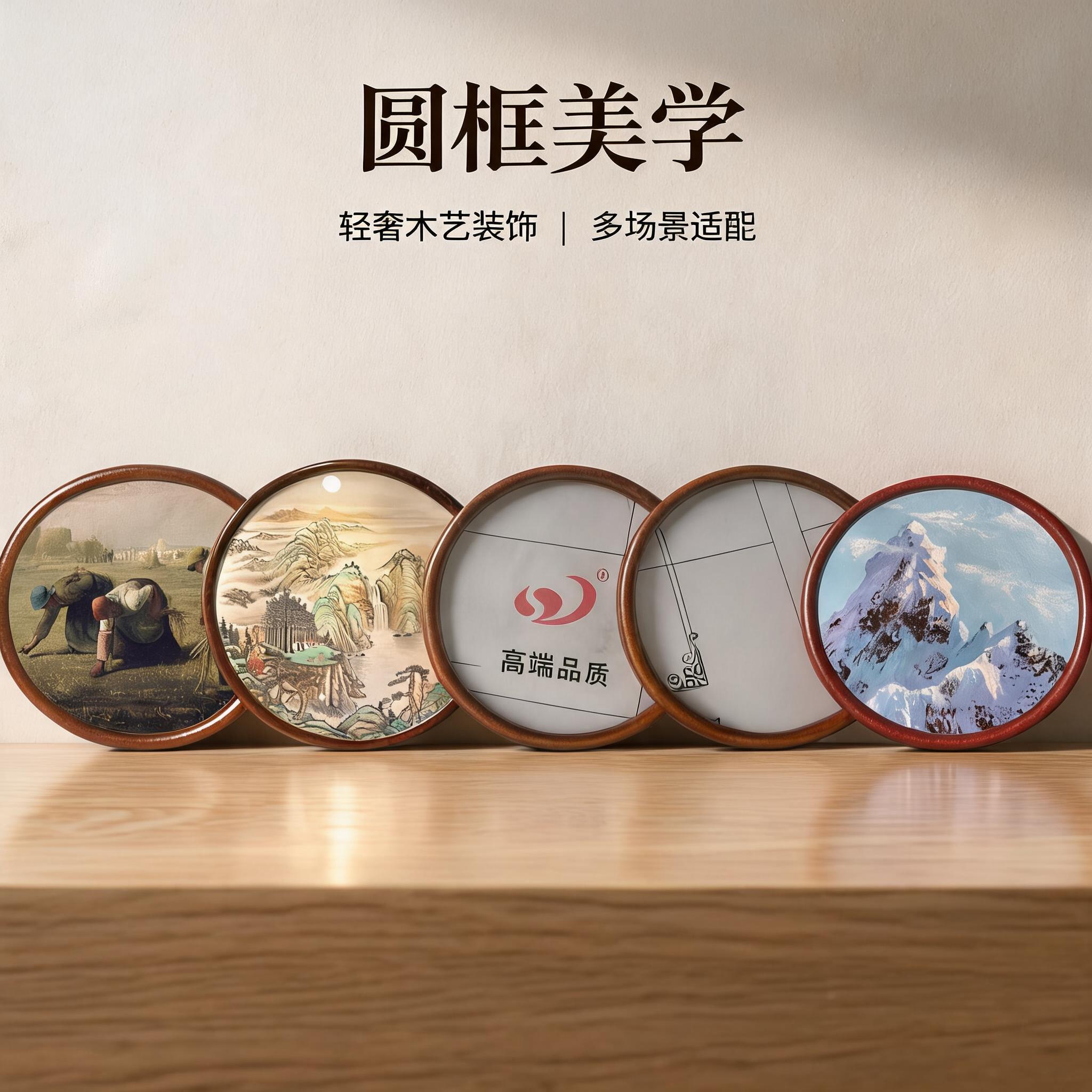 实木圆形画框装裱框新中式挂墙框玄关客厅框装饰画十字绣裱外框