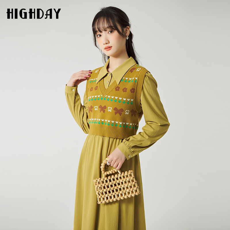 轩日纯色收腰长袖过膝连衣裙