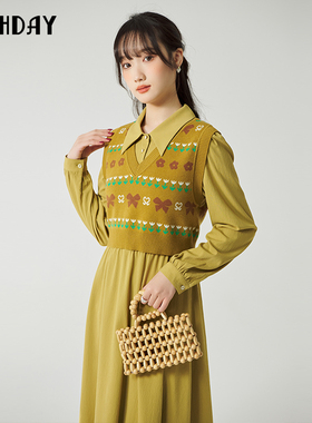 highday轩日2025春秋新款翻领纯色收腰长袖过膝连衣裙LT01CE31039