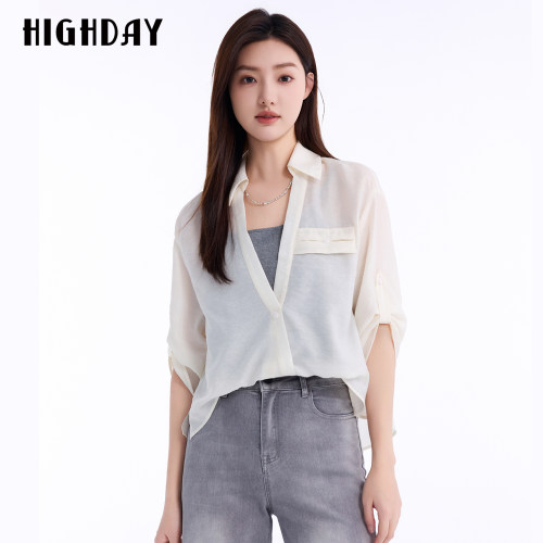 HIGHDAY轩日2026夏新款米白开衫外套女休闲气质宽松显瘦v领上衣
