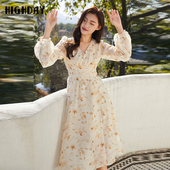 修身 轩日女装 2024商场春秋浪漫印花裙女V领飘逸碎花长袖 连衣裙ins
