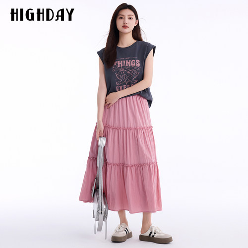 HIGHDAY轩日2026夏新款粉色天丝半身裙女抽皱腰显瘦优雅风蛋糕裙