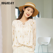 2025春秋新款 highday轩日女装 商场同款 印花衬衣女木耳边系带上衣