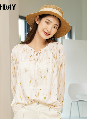 highday轩日女装商场同款2026春季新款印花衬衣女木耳边系带上衣