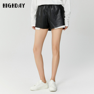 女开叉小众直筒裤 highday轩日2026春季 新款 高腰黑色皮裤 休闲短裤
