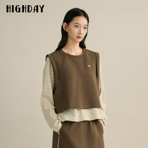 HIGH DAY/轩日咖色短款马甲2026秋圆领宽松叠穿休闲外搭背心上衣