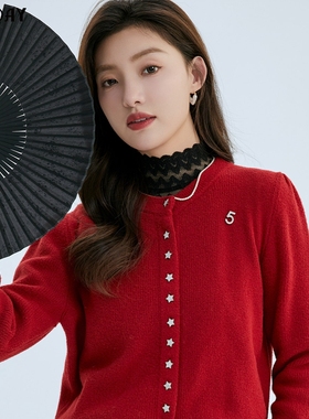 highday轩日2024春季新款圆领红色针织上衣女长袖星星扣开衫外套