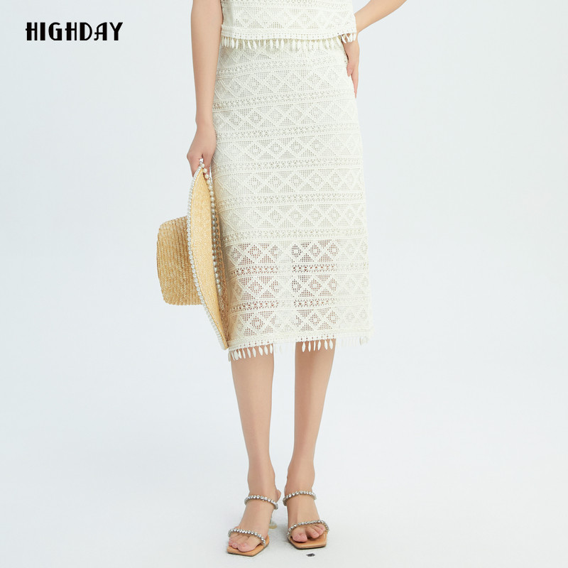 highday轩日2026夏季新款高腰半身裙女菱格镂空包臀设计感中长裙