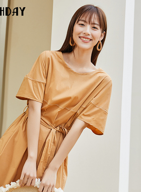 highday轩日宽松女裙2024夏季新款圆领橙色收腰短袖气质连衣裙ins