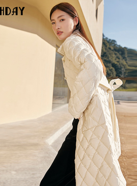 轩日通勤90白鸭绒外套女冬季修身洋气小香风拼接菱格中长羽绒服潮