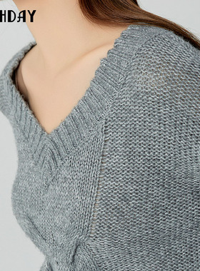 highday轩日2024春秋新款慵懒风毛衣女灰色宽松V领韩版针织毛衫潮