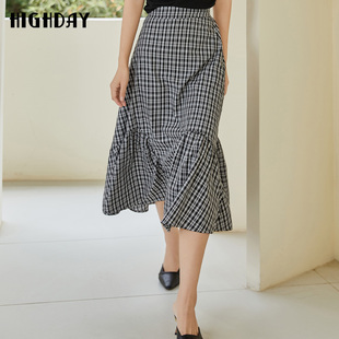 highday轩日2024夏季 高腰a字半身裙女格纹中长裙QZ04AE32532 新款