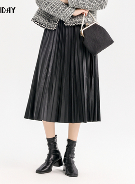 轩日2024冬季商场同款女装半身裙新款高腰a字百褶裙气质皮裙长裙