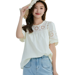highday轩日2024夏季新款圆领花朵镂空上衣女宽松白色短袖娃娃衫
