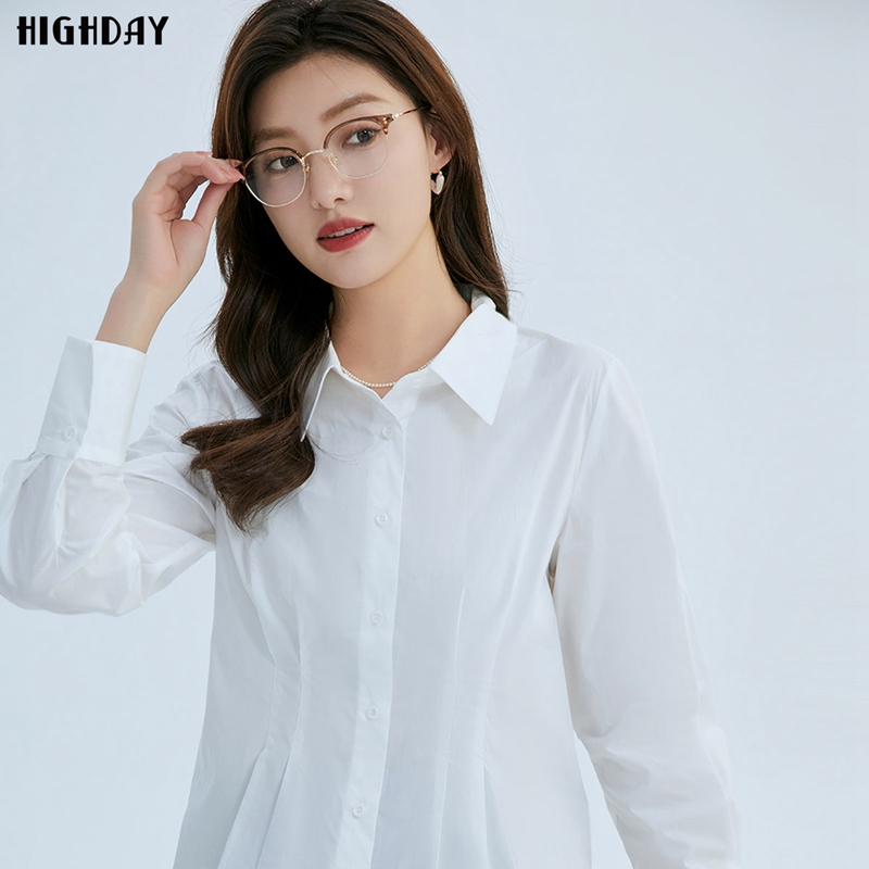 轩日翻领收腰长袖白色衬衫