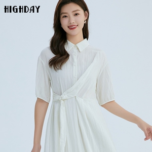 highday轩日2026夏装白色短袖衬衫裙女修身文艺中长款气质连衣裙