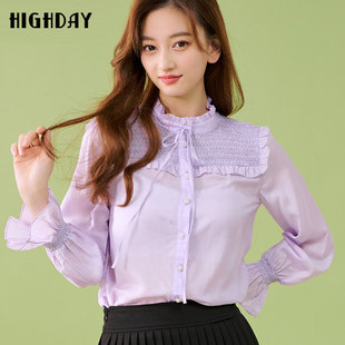 highday轩日2024春秋复古立领木耳边衬衫 浅紫宫廷风衬衣ins 女长袖