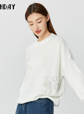轩日highday2025春秋圆领宽松毛衣女小众珠片白色慵懒风针织毛衫
